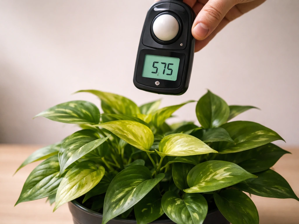 Light meter held over a plant canopy with the screen showing a PPFD reading in an indoor grow setup.
