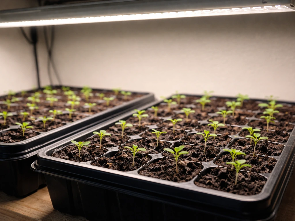 Tiny seedlings in trays under a hanging LED grow light on a clean indoor shelf.