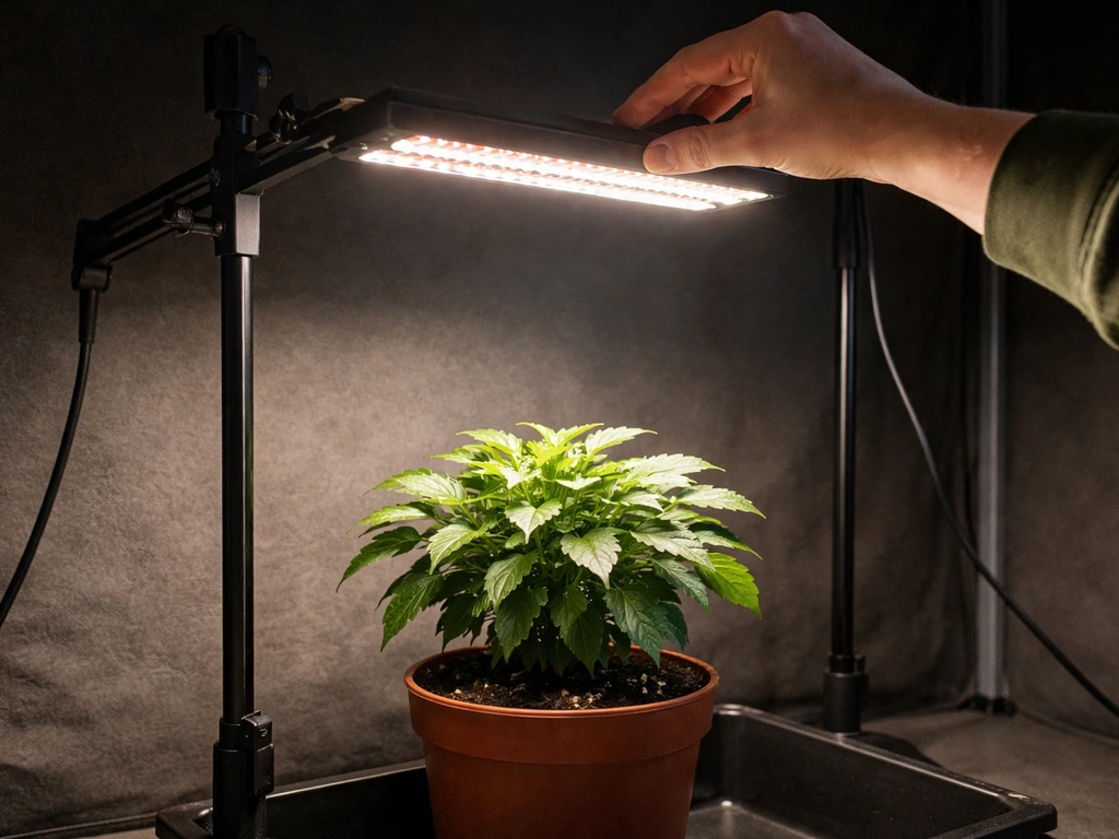 Hands adjusting an LED grow light above a small indoor plant canopy, showing proper close placement