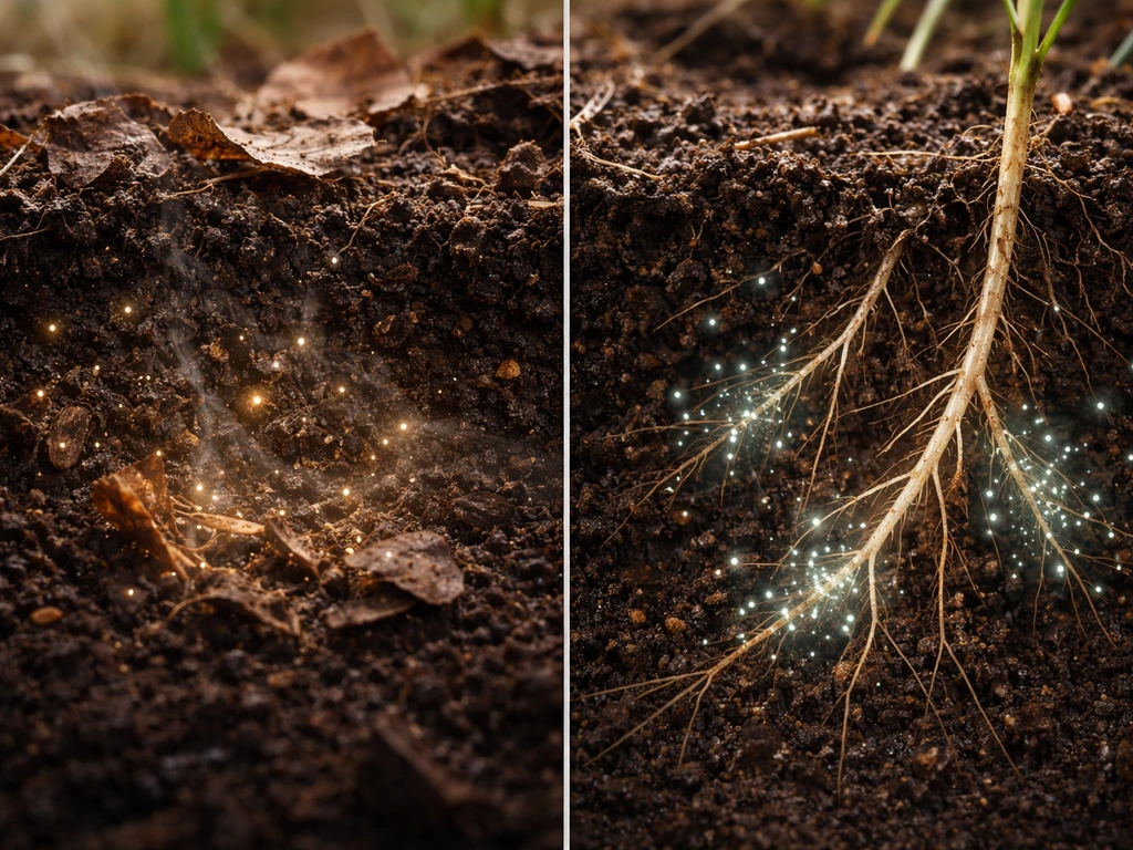 Minimal split-scene of soil biology: leaf litter decomposers below and beneficial bacteria near live roots.