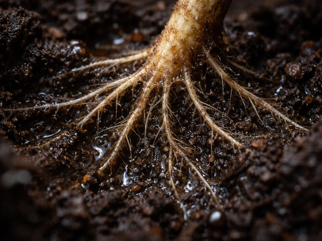 Closeup of plant root hairs in moist soil with subtle organic exudate-like streaks