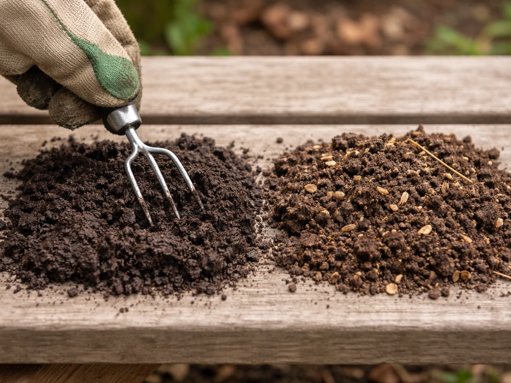 Close-up of garden soil showing crumbly healthy texture beside compacted dark soil, with a hand aerating