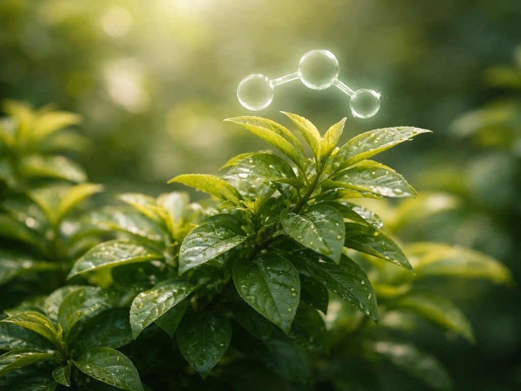 Lush green plant canopy with a subtle CO₂ capture cue near the leaves