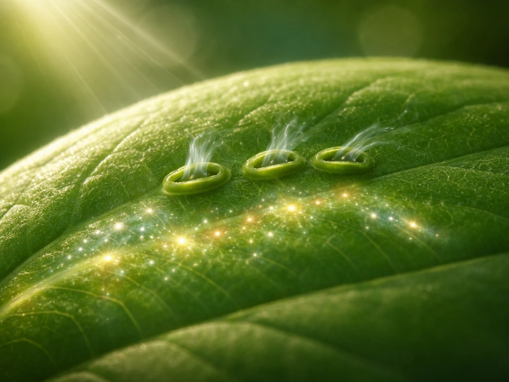 Close-up of plant leaf with open stomata, sunlight and subtle CO₂-to-photosynthesis motion