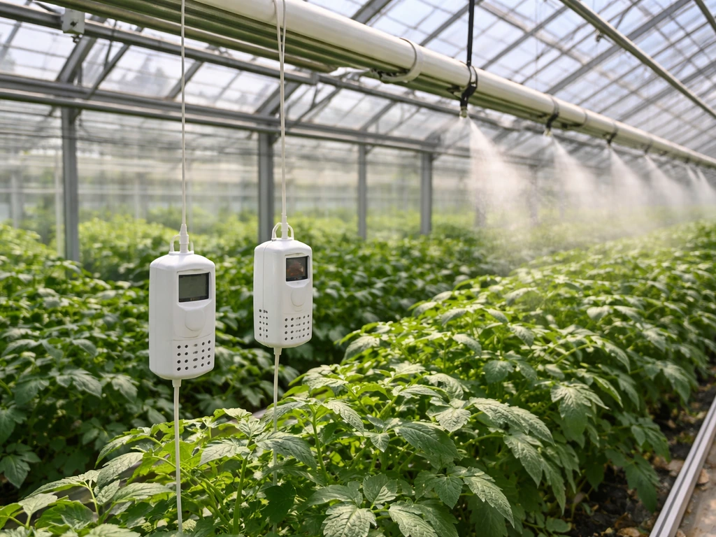 Greenhouse with CO₂ sensors hanging above plant rows and a gas injection line under clear glazing.