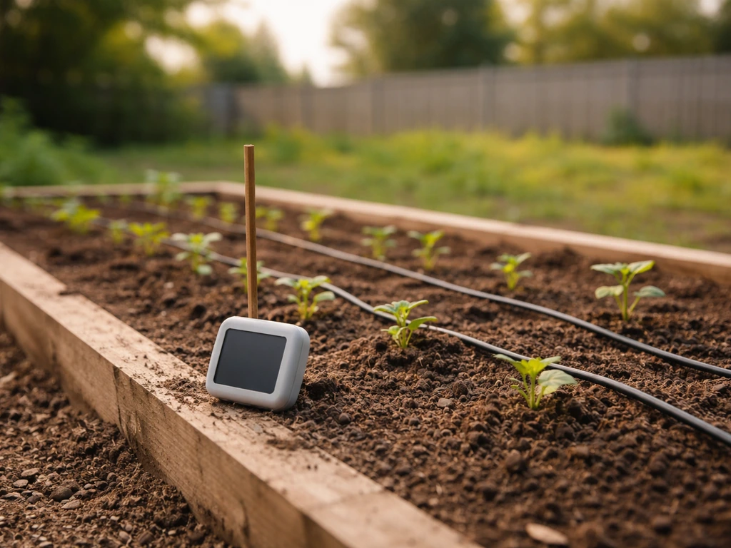 Open-air garden bed with a small CO₂ sensor on the soil, showing rapid changing conditions outdoors