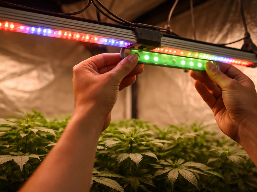 Green LED strip being installed over a leafy plant canopy in a compact indoor grow setup