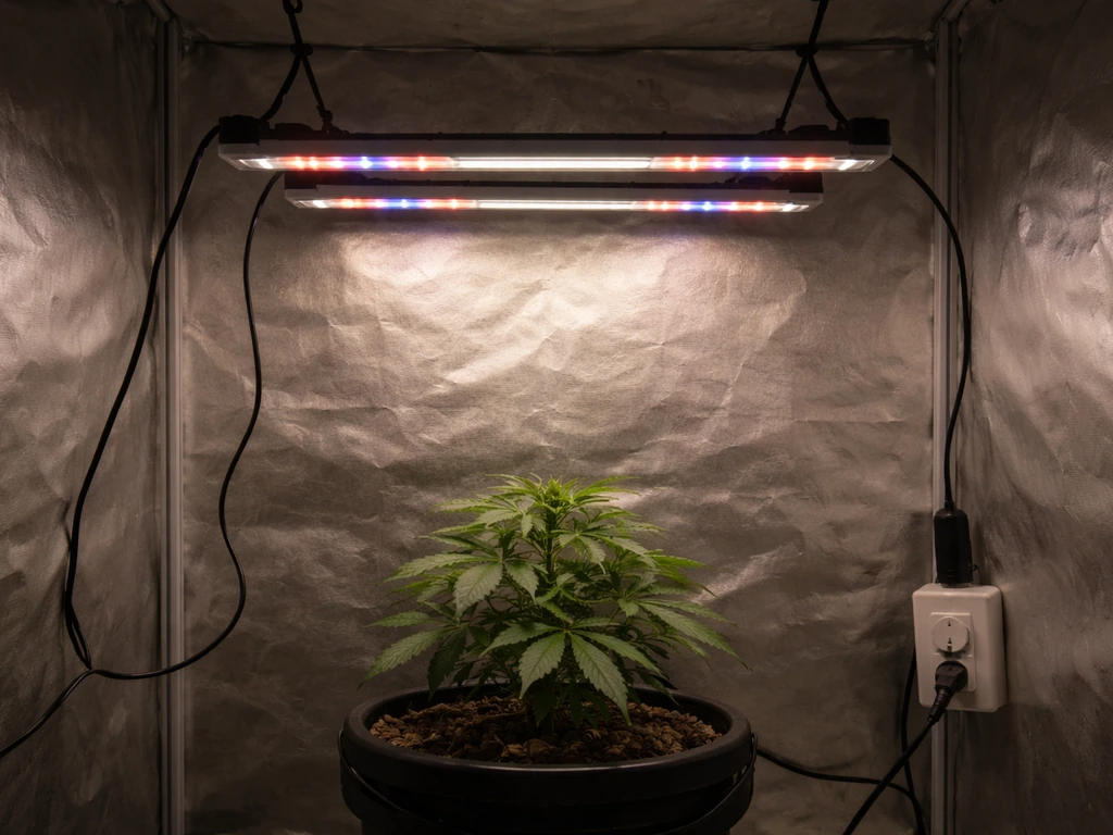 Colored LED grow lights mounted too far from a small plant, showing an incorrect dim intensity setup.
