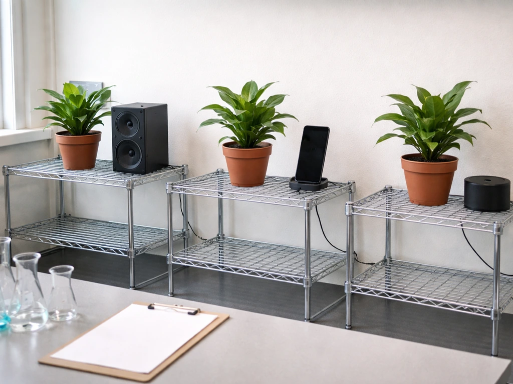 Minimal lab scene with identical potted plants on shelves, each near different audio gear for a controlled music experim