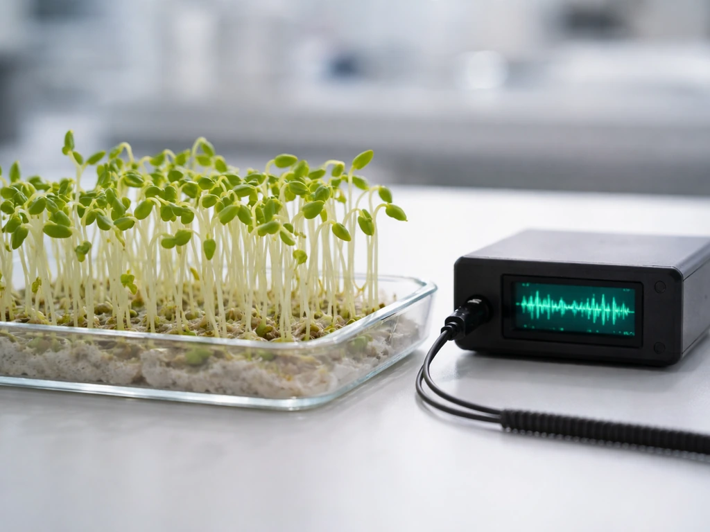 Close-up mung bean sprouts beside a small calibrated audio device and oscilloscope-style screen showing signals.