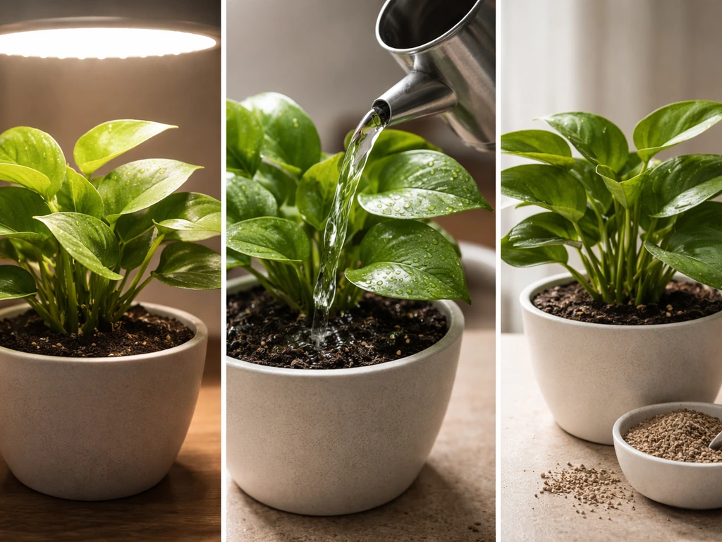 Split-screen of a potted plant showing grow light, watering, and fertilizer effects on growth factors.