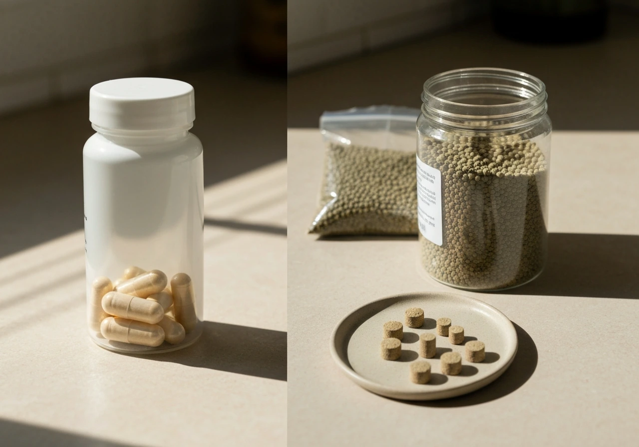 Side-by-side view of a generic vitamin bottle and granular plant fertilizer minerals on a tabletop.