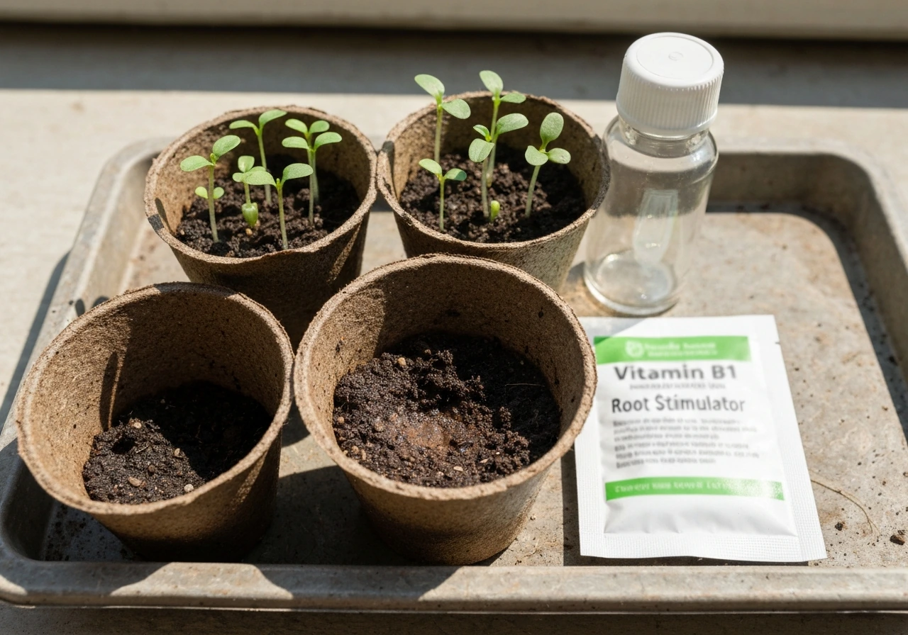 Fresh seedlings in small pots with an unbranded root-stimulator bottle nearby on a simple potting tray.