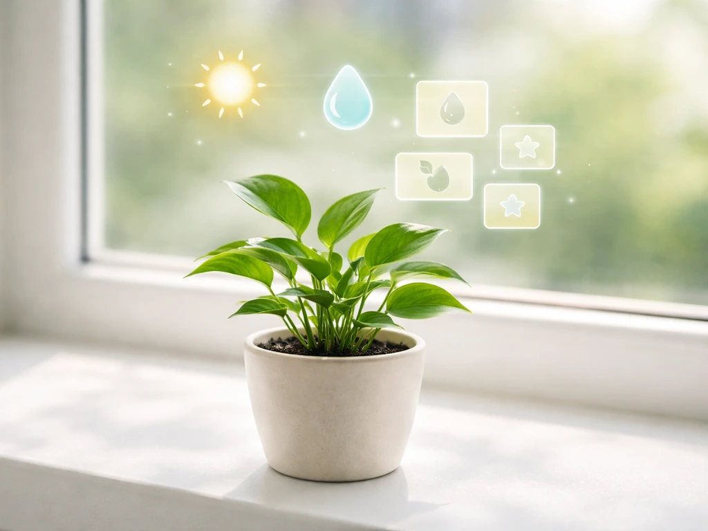 Potted plant on a windowsill with blurred checklist-style icons for light, water, and nutrients