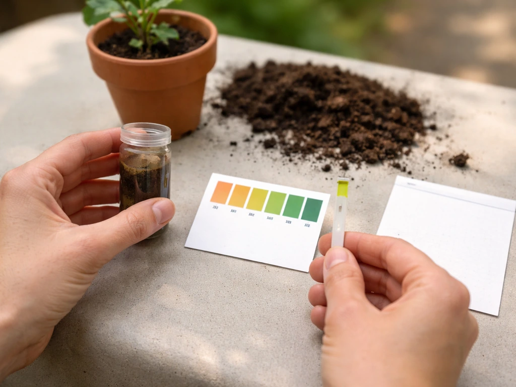 Anonymous hands using a soil pH test kit and matching results on a small color chart beside a blank card.