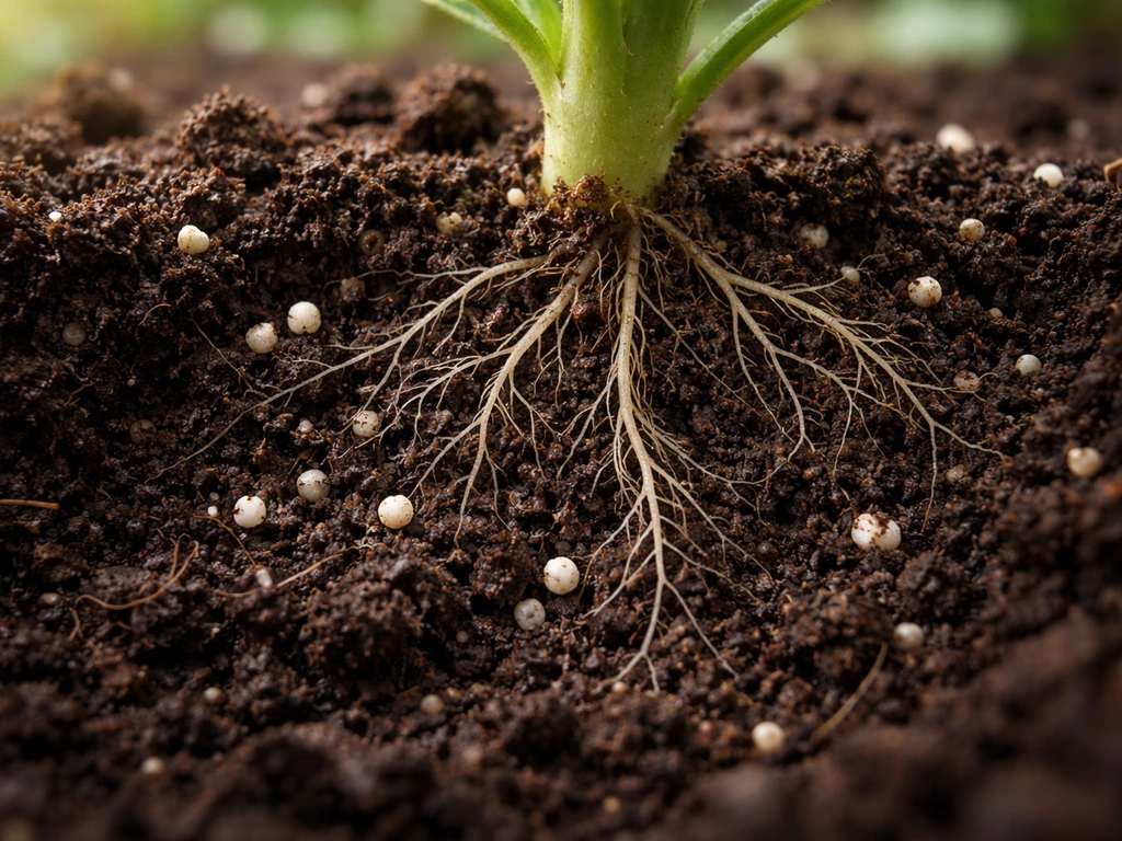 Close-up of healthy plant roots in dark soil with pale phosphorus granules mixed in.