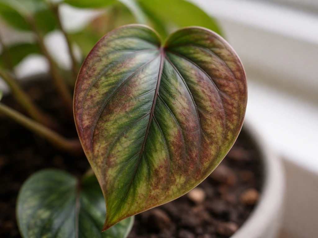 Close-up of a single plant leaf showing reddish-purple discoloration from low phosphorus