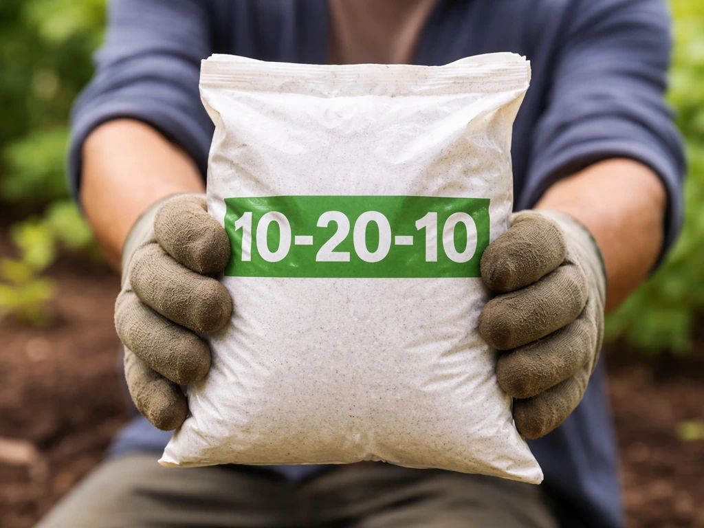 Gardener holding a fertilizer bag close-up, focusing on the middle number of an NPK label.