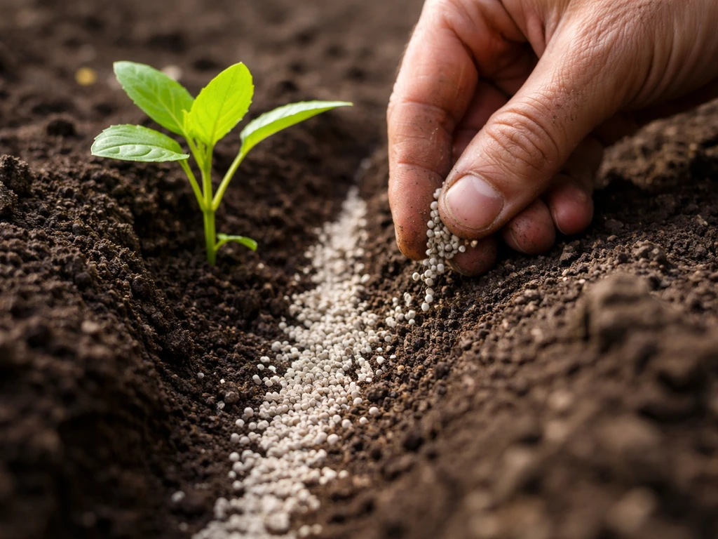 Hand placing a starter fertilizer band in furrow beside a seedling root zone in soil