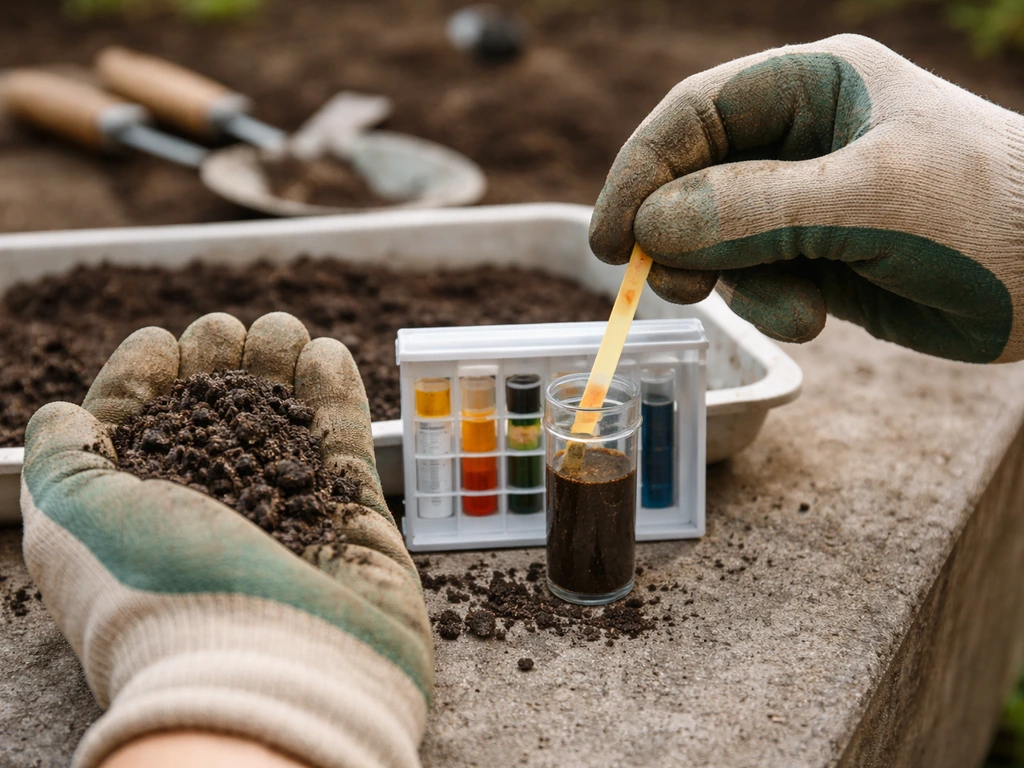 Gloved hands dipping soil into a pH test kit while checking soil pH on a concrete surface.