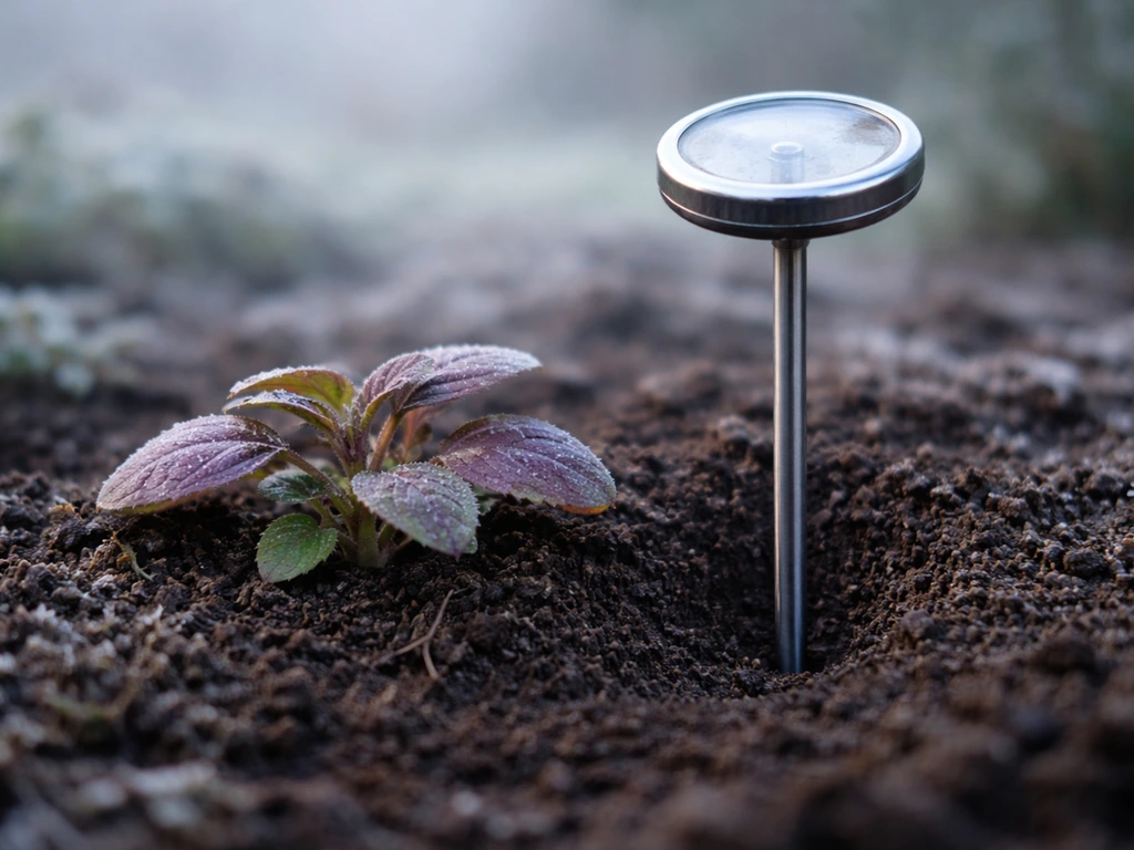 Soil thermometer inserted at root depth next to stunted plant in cool garden soil