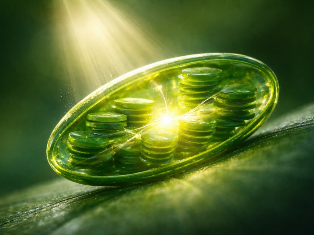 Close-up of leaf chloroplast membranes lit by sunbeams, suggesting light-dependent energy capture.