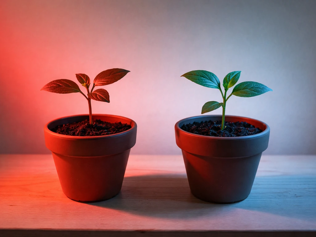 Two seedlings under split red and blue lighting showing different leaf tones and growth posture