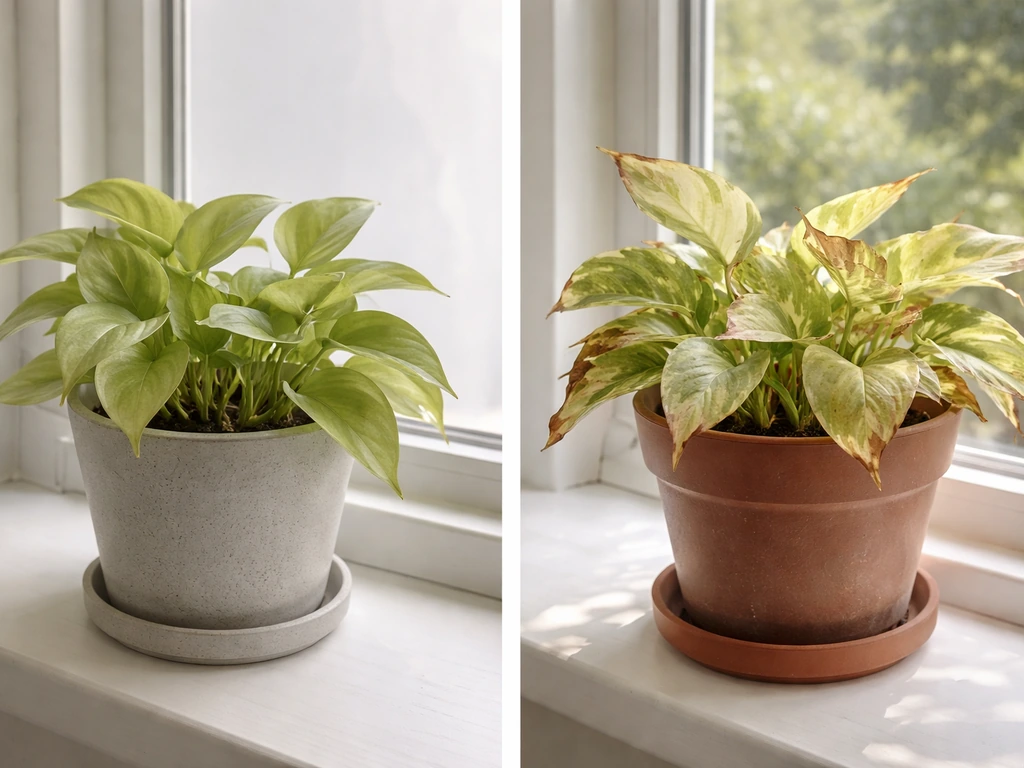 Two potted plants side by side: one pale from low light, one bleached and scorched from too much light.