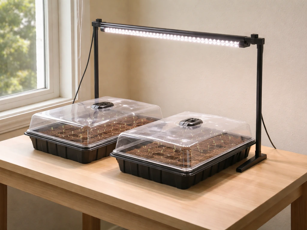 Full-spectrum LED grow lights over indoor seed trays in a bright, minimal home setup.