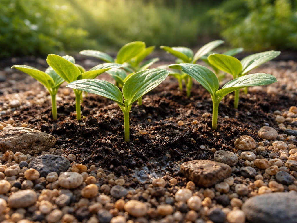 Close-up of plant stems in dark soil with a thin gravel mulch layer among leaves