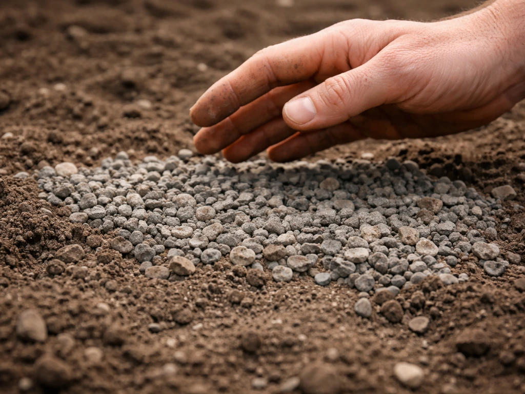 Gardener’s hand holding gravel on bare soil, showing rocks placed on top of soil, not touching roots.