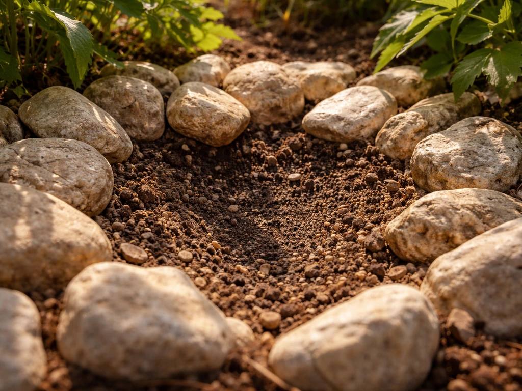Light-colored rocks in sunny soil with a shaded, cooler-looking root zone beneath greenery.