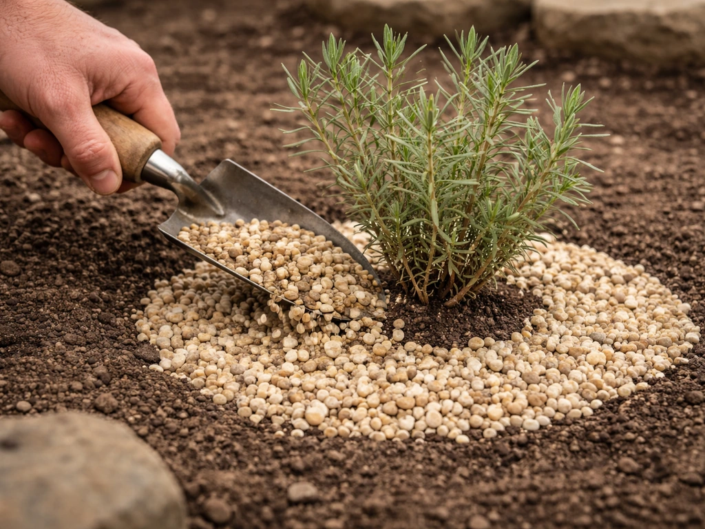 Gardener spreads an even 2–3 inch pea gravel mulch layer around a drought-tolerant plant base.