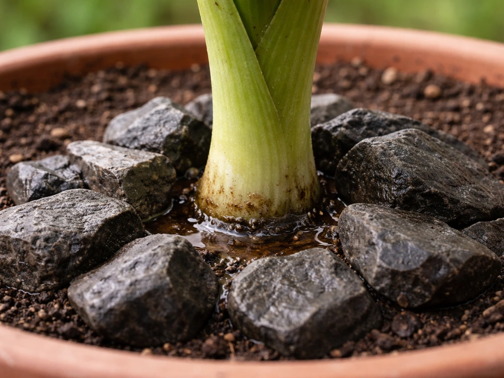Close-up of a plant crown with rocks piled against the stem, showing trapped moisture causing damp rot risk.