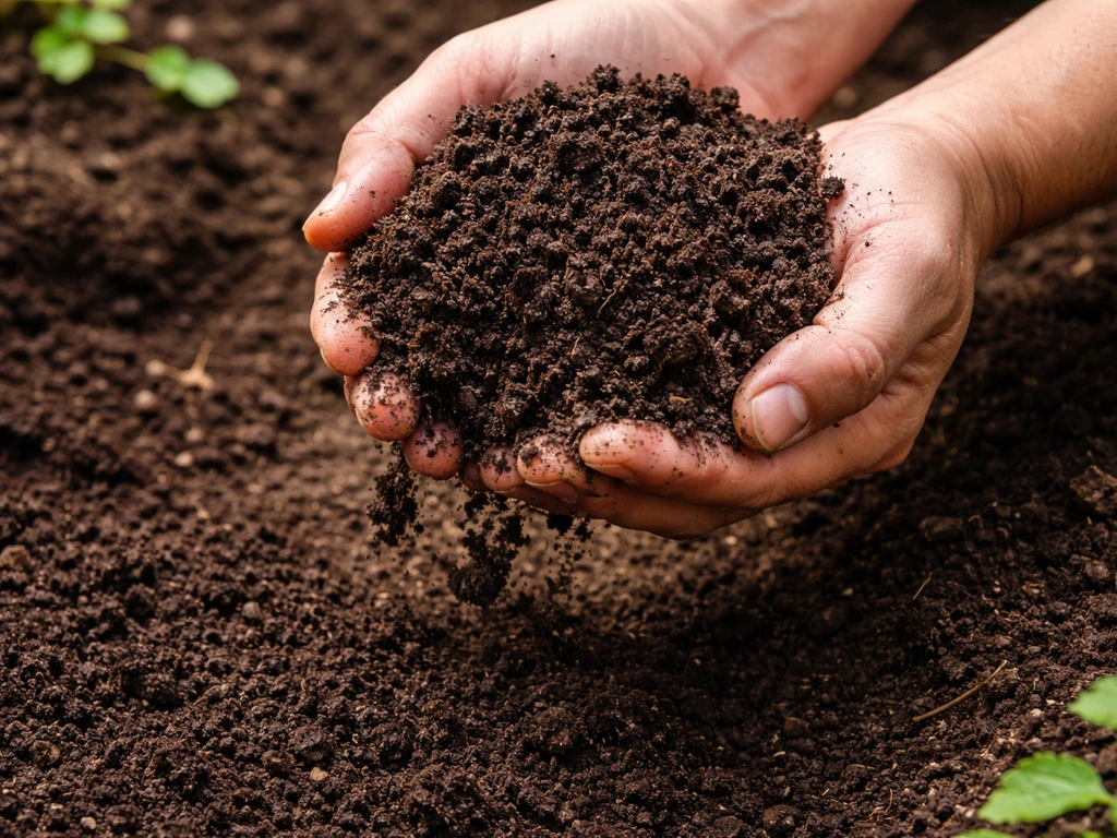 Hands holding dark crumbly humus-rich soil and sprinkling it into a garden bed.