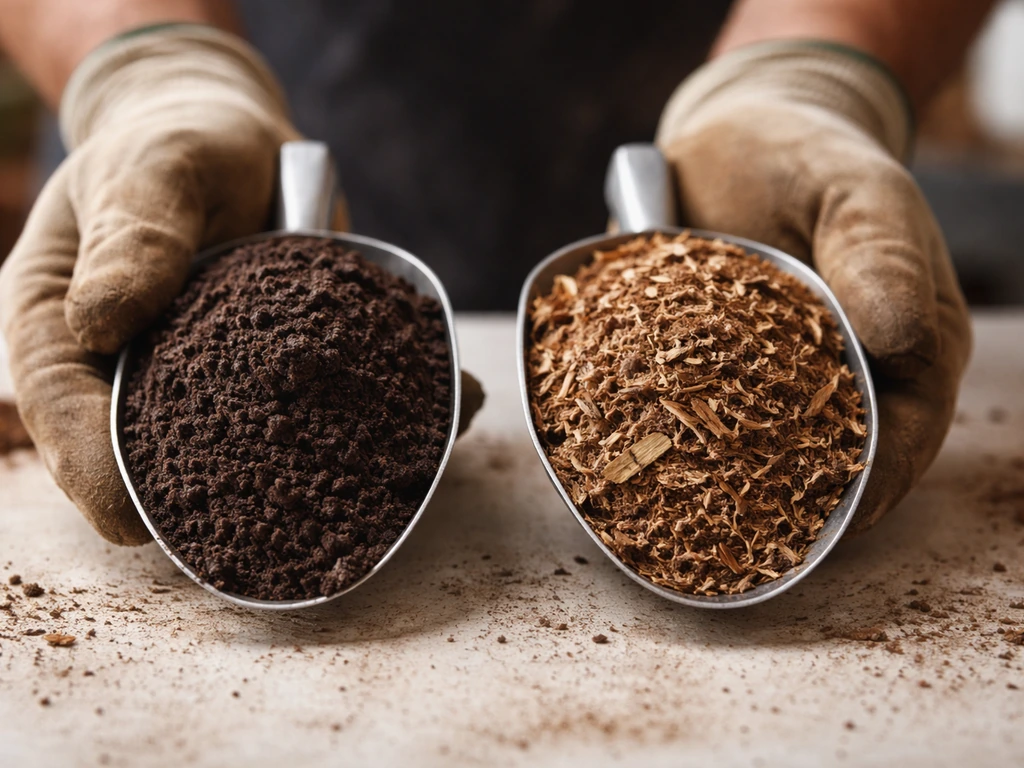 Two scoops side-by-side: dark crumbly humus-like soil versus lighter fibrous compost amendment texture.