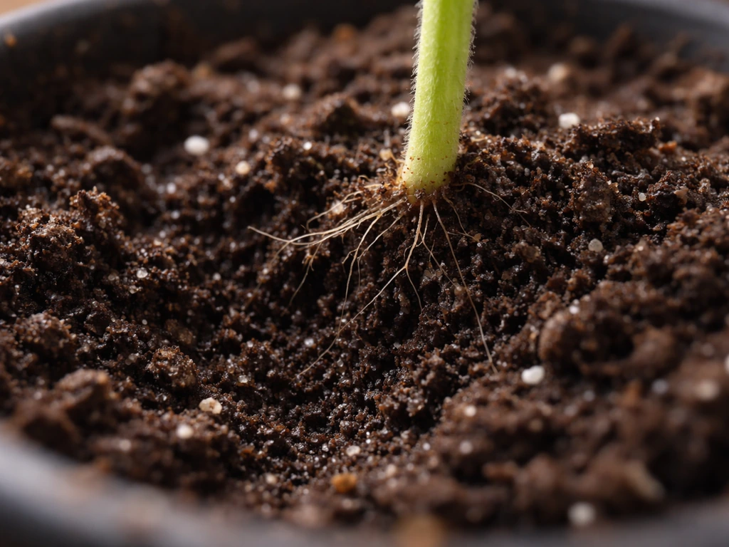 Macro close-up of moist humus-rich soil with tiny root hairs near a small plant stem base.