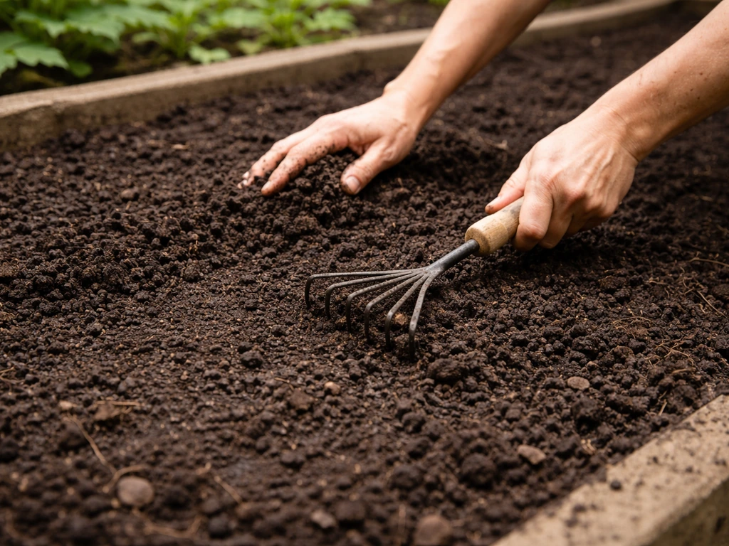 Gardener spreads a thin layer of finished compost into an in-ground garden bed and gently rakes it in.