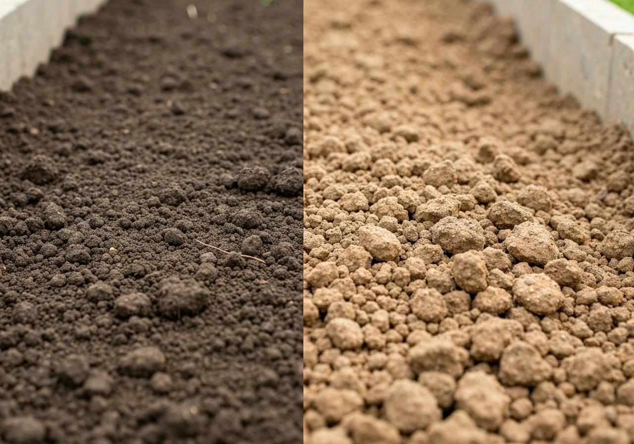 Split view of compacted dark soil versus crumbly well-structured soil in a garden bed.
