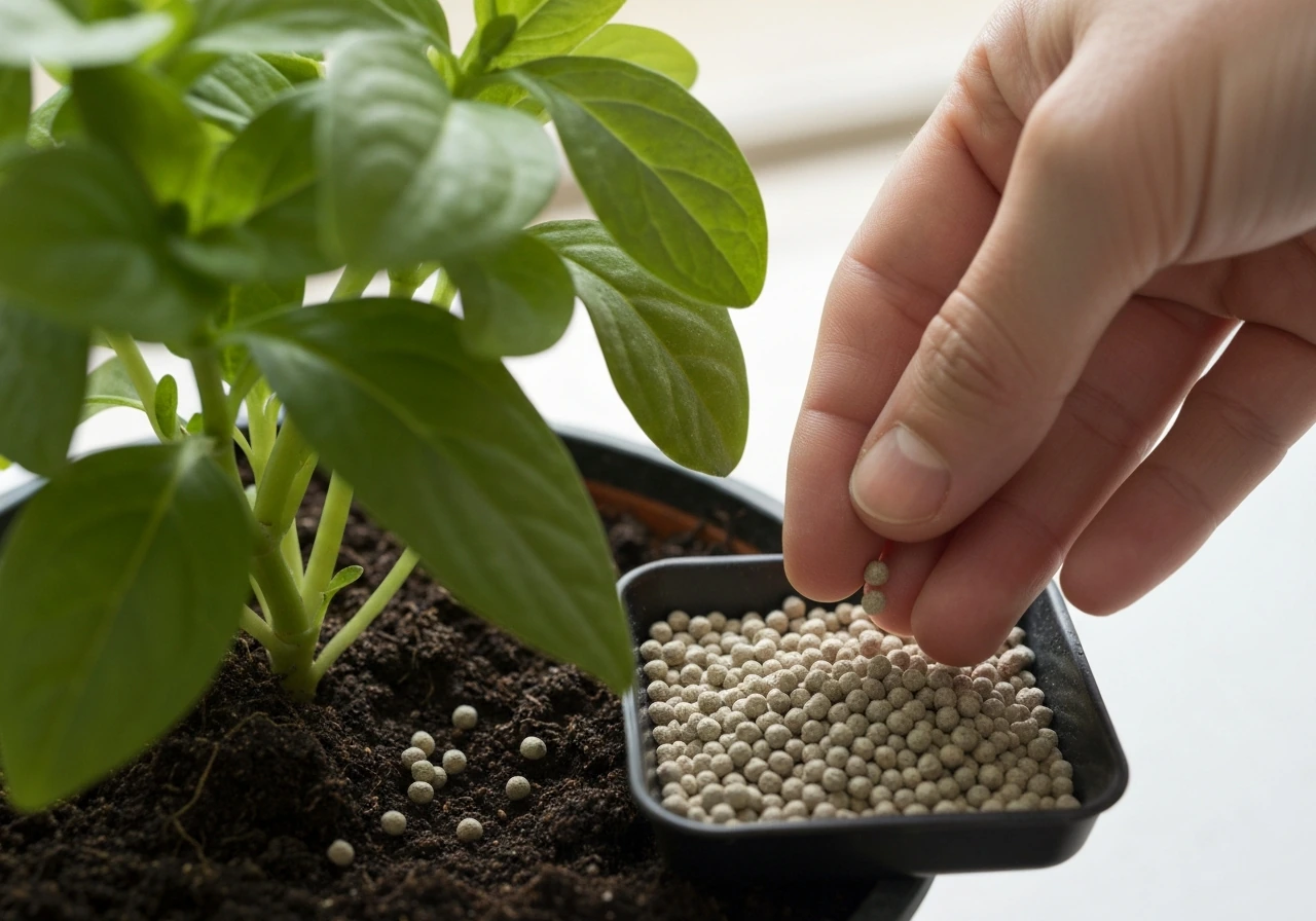 Close-up of NPK fertilizer granules with a hand sprinkling carefully beside a healthy potted plant