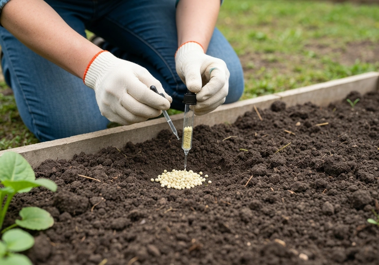 Gloved hands testing soil pH and nearby lime granules in a small garden bed.