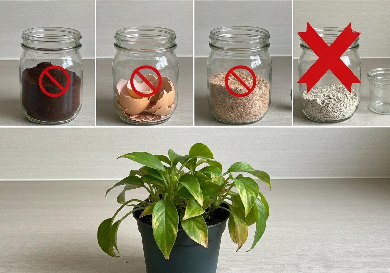 Coffee grounds, eggshells, and wood ash in labeled containers beside a stressed houseplant.