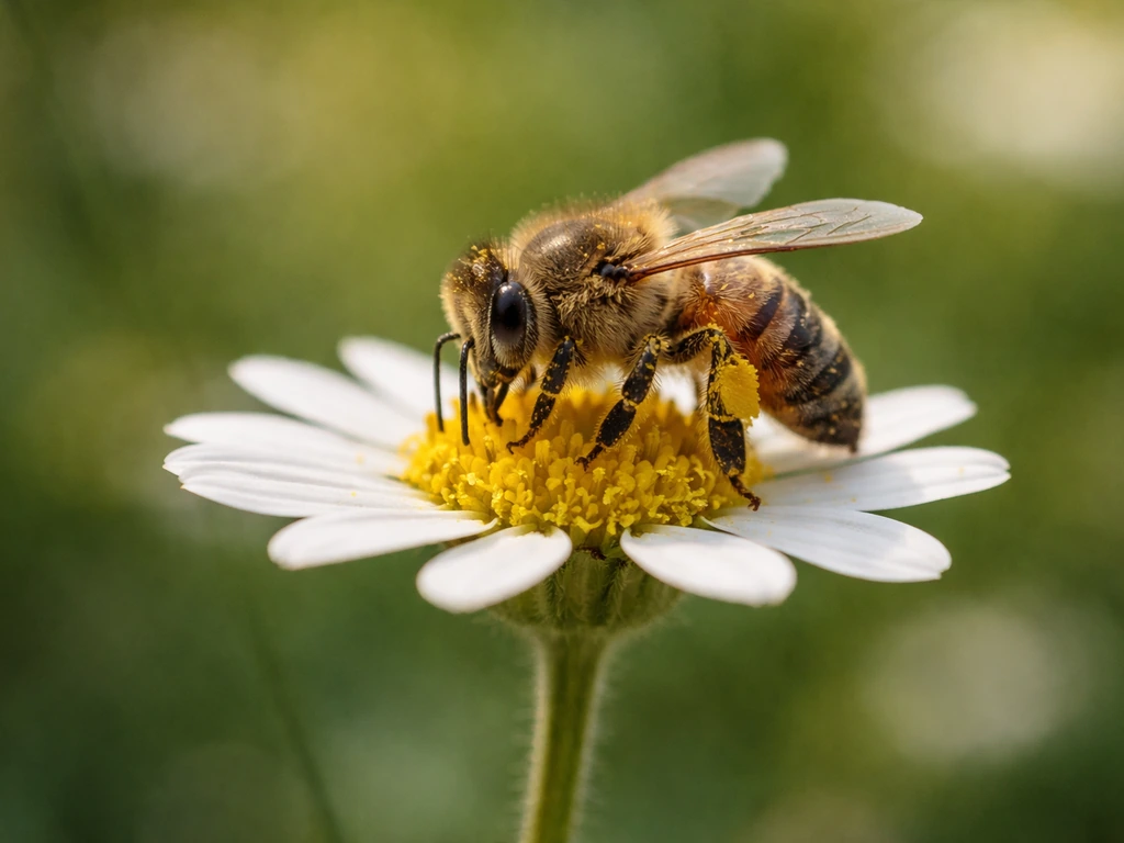 Macro close-up of a bee landing on a blooming flower with pollen visible on its body.