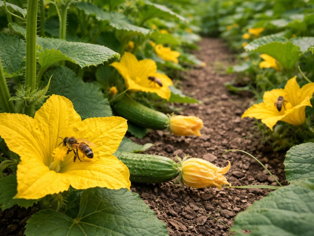 Cucurbits in a home garden with bees hovering near yellow blossoms and small developing fruits