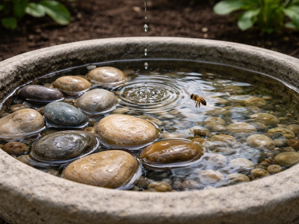 Small shallow birdbath with pebbles, dripping water, beside garden plants to attract bees