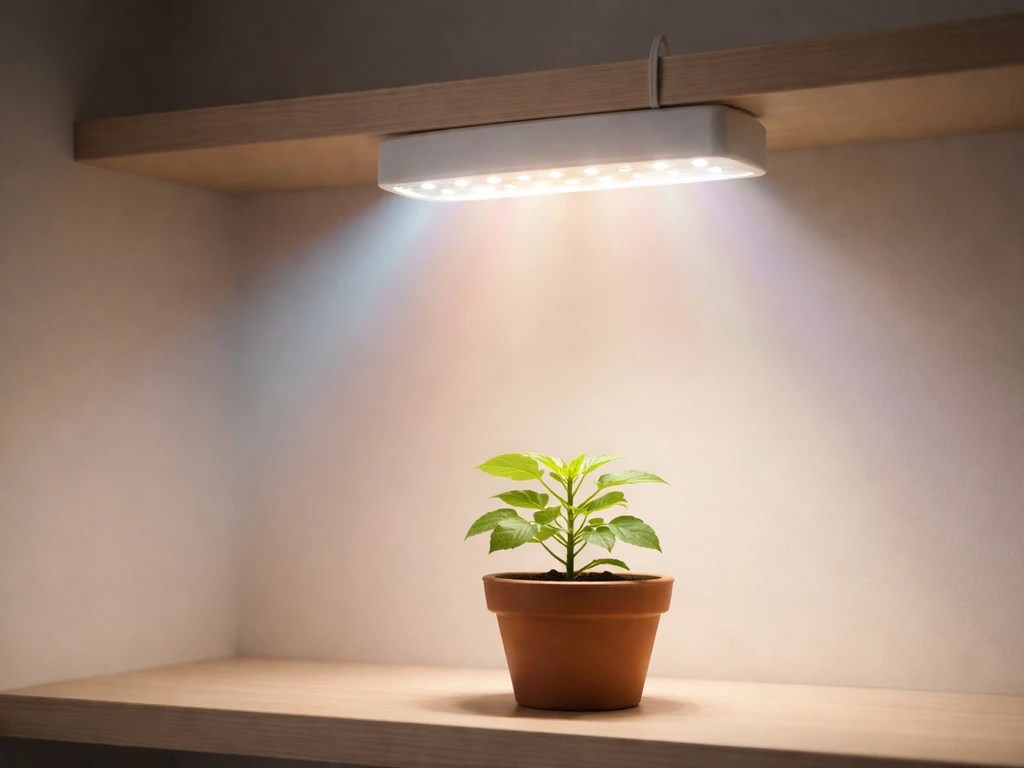 White grow LED over a small plant with faint blue and warm light mixing in the air.