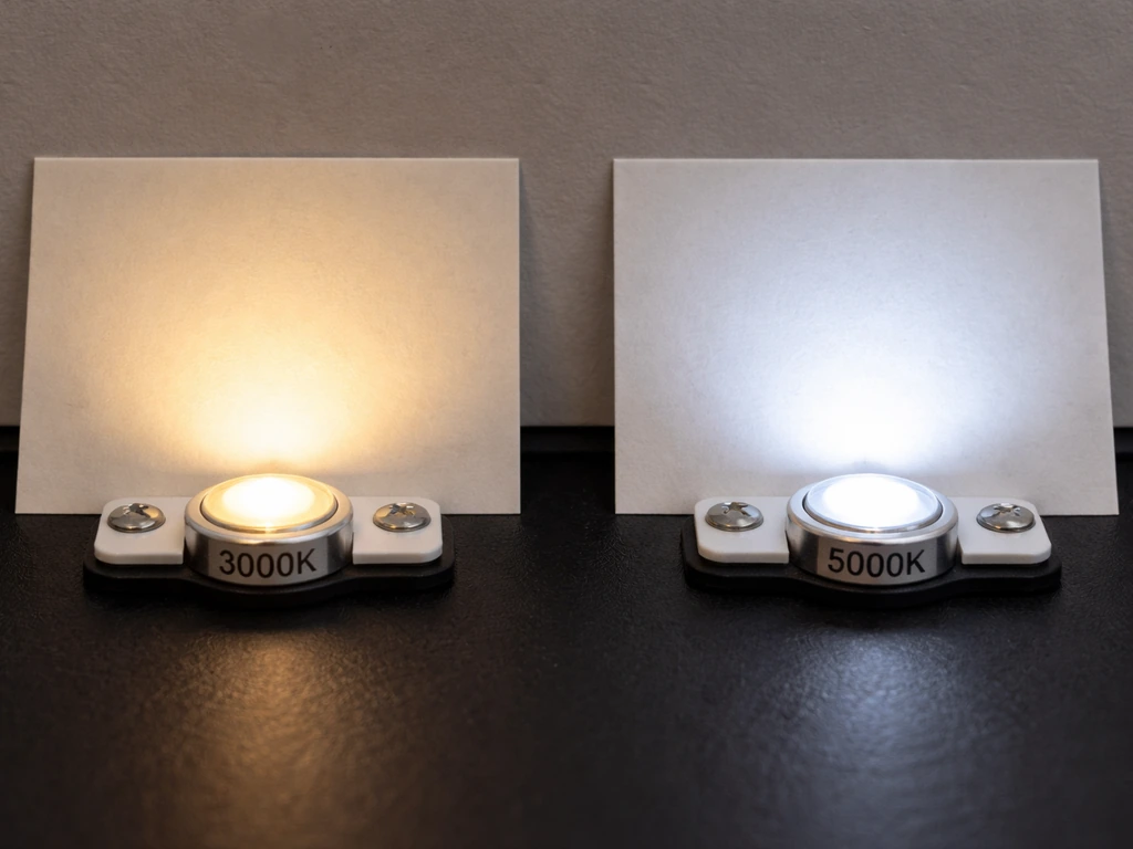 Close-up of two LEDs side-by-side casting warm vs cool light with visible Kelvin-style readouts.