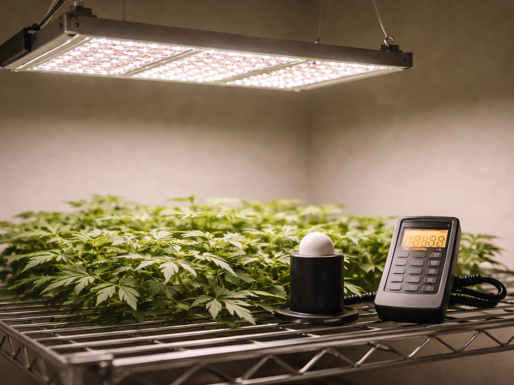 Quantum sensor and grow light measuring plant-usable light above a small indoor canopy