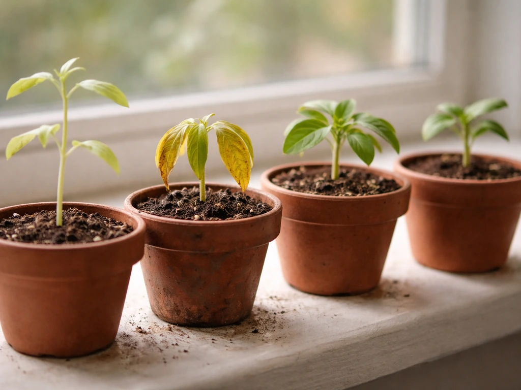 Four potted seedlings on a windowsill showing different stunted-growth symptoms side by side.