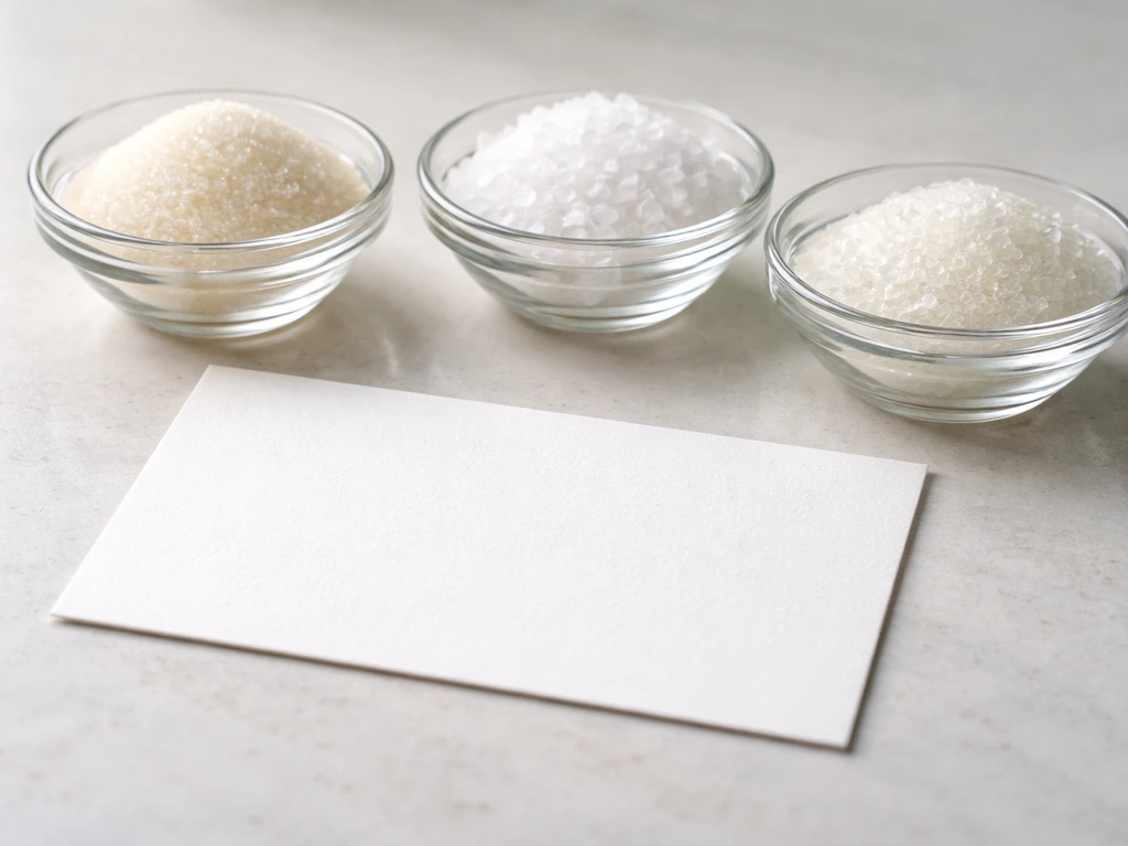 Close-up of unbranded ingredient label beside bowls of sugar, salt, and citric acid crystals.